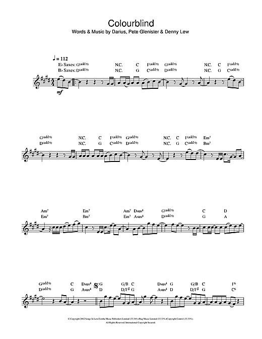 Preview Darius Colourblind Pop sheet music, notes and chords for Saxophone, SKU: 101362 sheet music, piano notes, chords, guitar tabs, score, transpose, transcribe, how to play, guide, download, learn, tutorial, progression, song, artist, awards, billboard, mtv, vh1, tour, single, album, release