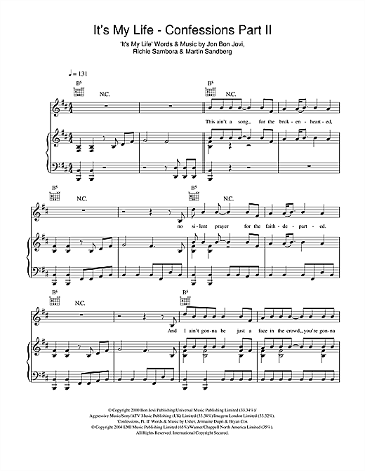 Preview Glee Cast It's My Life / Confessions, Pt. II Rock sheet music, notes and chords for Piano, Vocal & Guitar (Right-Hand Melody), SKU: 101458 sheet music, piano notes, chords, guitar tabs, score, transpose, transcribe, how to play, guide, download, learn, tutorial, progression, song, artist, awards, billboard, mtv, vh1, tour, single, album, release