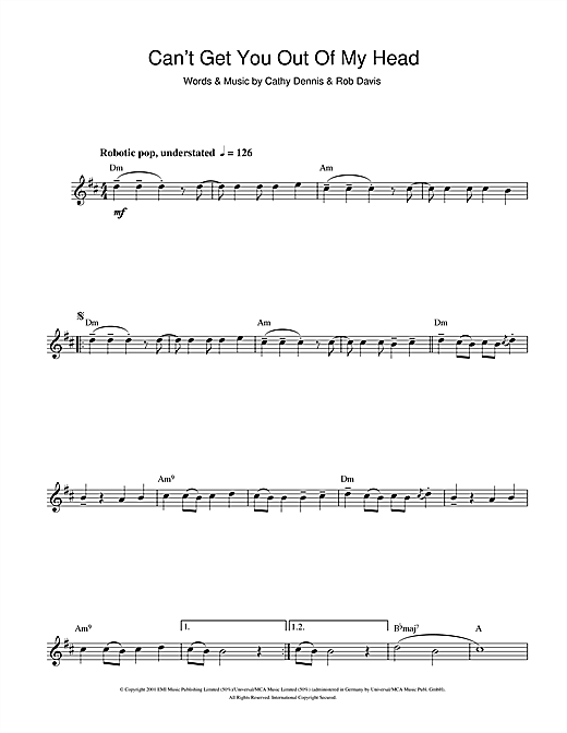 Preview Kylie Minogue Can't Get You Out Of My Head Australian sheet music, notes and chords for Saxophone, SKU: 101792 sheet music, piano notes, chords, guitar tabs, score, transpose, transcribe, how to play, guide, download, learn, tutorial, progression, song, artist, awards, billboard, mtv, vh1, tour, single, album, release
