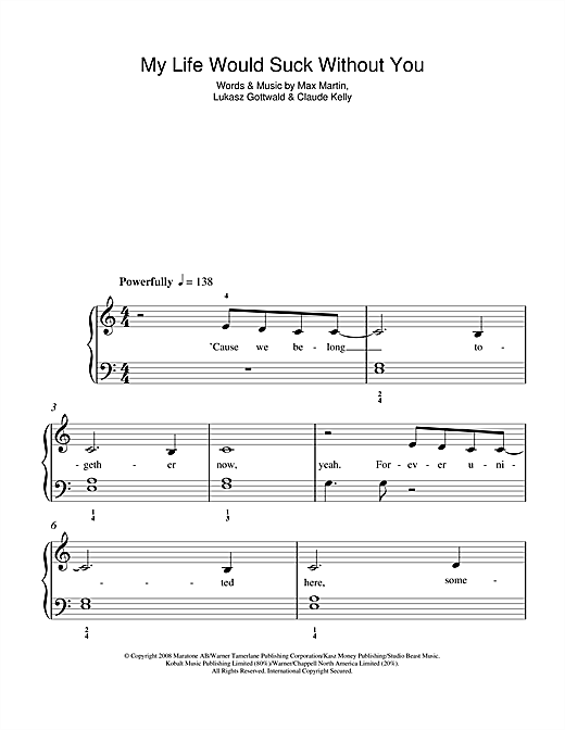 Preview Kelly Clarkson My Life Would Suck Without You Pop sheet music, notes and chords for 5-Finger Piano, SKU: 103202 sheet music, piano notes, chords, guitar tabs, score, transpose, transcribe, how to play, guide, download, learn, tutorial, progression, song, artist, awards, billboard, mtv, vh1, tour, single, album, release