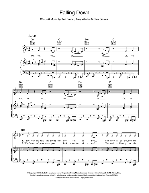 Preview Selena Gomez & The Scene Falling Down Rock sheet music, notes and chords for Piano, Vocal & Guitar (Right-Hand Melody), SKU: 103245 sheet music, piano notes, chords, guitar tabs, score, transpose, transcribe, how to play, guide, download, learn, tutorial, progression, song, artist, awards, billboard, mtv, vh1, tour, single, album, release