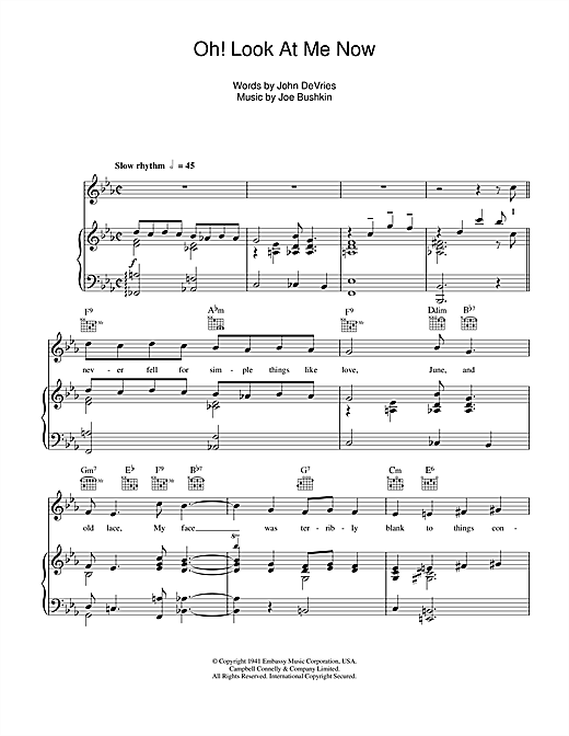 Preview Frank Sinatra Oh Look At Me Now Easy Listening sheet music, notes and chords for Piano, Vocal & Guitar (Right-Hand Melody), SKU: 103352 sheet music, piano notes, chords, guitar tabs, score, transpose, transcribe, how to play, guide, download, learn, tutorial, progression, song, artist, awards, billboard, mtv, vh1, tour, single, album, release