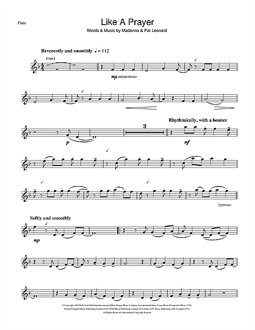 Preview Madonna Like A Prayer Pop sheet music, notes and chords for Flute, SKU: 103666 sheet music, piano notes, chords, guitar tabs, score, transpose, transcribe, how to play, guide, download, learn, tutorial, progression, song, artist, awards, billboard, mtv, vh1, tour, single, album, release