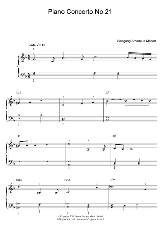 Preview Wolfgang Amadeus Mozart Piano Concerto No. 21 In C Major (Second Movement) Classical sheet music, notes and chords for Easy Piano, SKU: 103898 sheet music, piano notes, chords, guitar tabs, score, transpose, transcribe, how to play, guide, download, learn, tutorial, progression, song, artist, awards, billboard, mtv, vh1, tour, single, album, release