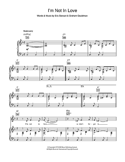 Preview 10cc I'm Not In Love Rock sheet music, notes and chords for Piano, Vocal & Guitar (Right-Hand Melody), SKU: 104065 sheet music, piano notes, chords, guitar tabs, score, transpose, transcribe, how to play, guide, download, learn, tutorial, progression, song, artist, awards, billboard, mtv, vh1, tour, single, album, release