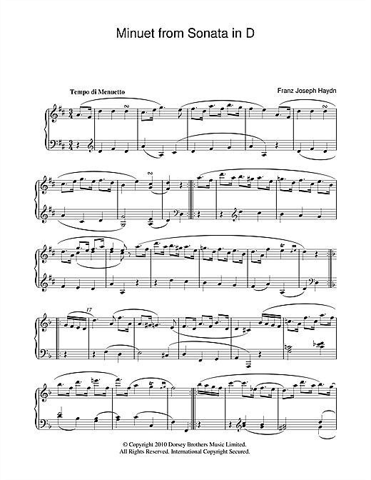 Preview Franz Joseph Haydn Minuet From Sonata In D Classical sheet music, notes and chords for Piano, SKU: 104442 sheet music, piano notes, chords, guitar tabs, score, transpose, transcribe, how to play, guide, download, learn, tutorial, progression, song, artist, awards, billboard, mtv, vh1, tour, single, album, release
