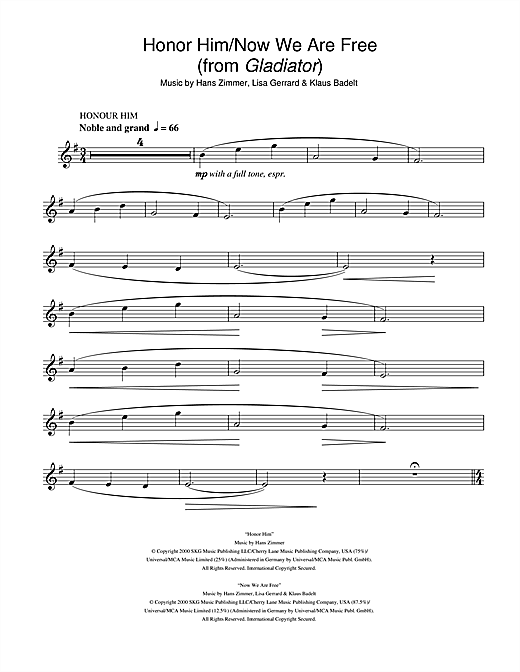 Preview Hans Zimmer Honor Him/Now We Are Free (from Gladiator) Film and TV sheet music, notes and chords for Alto Saxophone, SKU: 105105 sheet music, piano notes, chords, guitar tabs, score, transpose, transcribe, how to play, guide, download, learn, tutorial, progression, song, artist, awards, billboard, mtv, vh1, tour, single, album, release