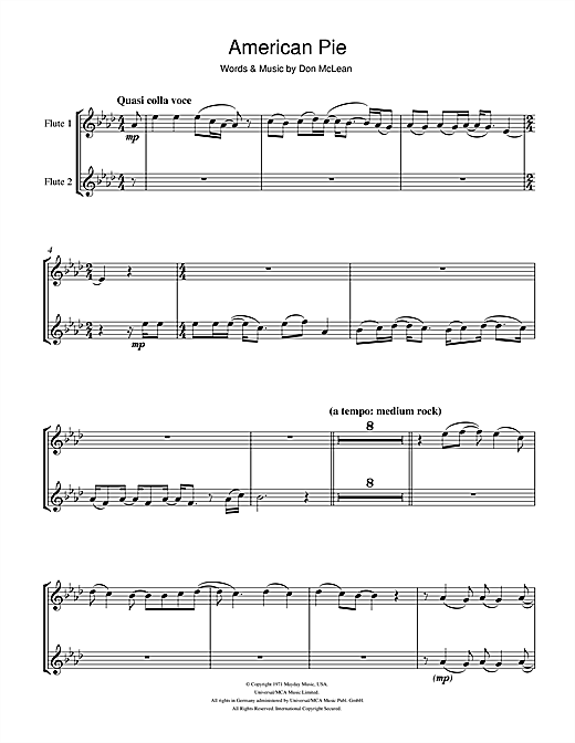 Preview Madonna American Pie Pop sheet music, notes and chords for Flute Duet, SKU: 105191 sheet music, piano notes, chords, guitar tabs, score, transpose, transcribe, how to play, guide, download, learn, tutorial, progression, song, artist, awards, billboard, mtv, vh1, tour, single, album, release