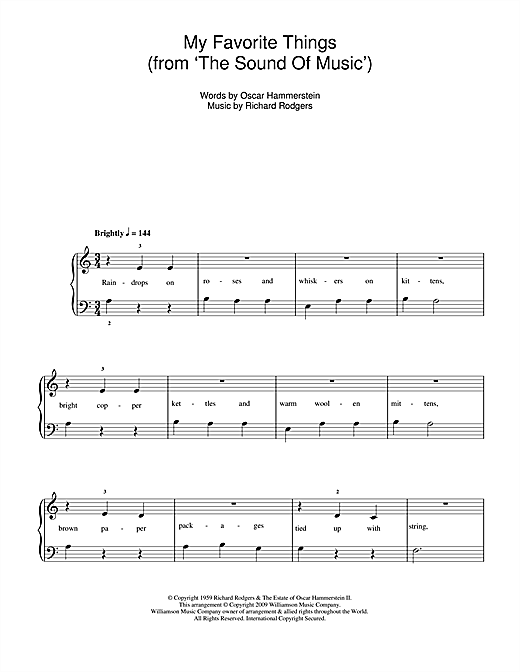 Preview Rodgers & Hammerstein My Favorite Things (from The Sound Of Music) Musicals sheet music, notes and chords for 5-Finger Piano, SKU: 106279 sheet music, piano notes, chords, guitar tabs, score, transpose, transcribe, how to play, guide, download, learn, tutorial, progression, song, artist, awards, billboard, mtv, vh1, tour, single, album, release