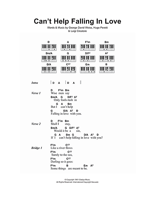 Preview Elvis Presley Can't Help Falling In Love Pop sheet music, notes and chords for Lyrics & Piano Chords, SKU: 106720 sheet music, piano notes, chords, guitar tabs, score, transpose, transcribe, how to play, guide, download, learn, tutorial, progression, song, artist, awards, billboard, mtv, vh1, tour, single, album, release