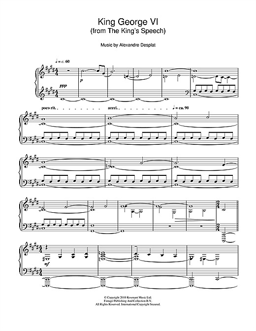 Preview Alexandre Desplat King George VI (from The King's Speech) Film and TV sheet music, notes and chords for Piano, SKU: 106836 sheet music, piano notes, chords, guitar tabs, score, transpose, transcribe, how to play, guide, download, learn, tutorial, progression, song, artist, awards, billboard, mtv, vh1, tour, single, album, release