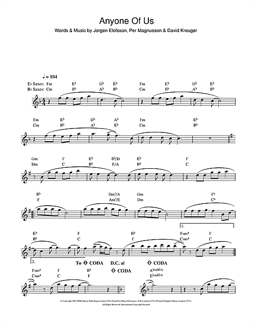 Preview Gareth Gates Anyone Of Us (Stupid Mistake) Pop sheet music, notes and chords for Saxophone, SKU: 106841 sheet music, piano notes, chords, guitar tabs, score, transpose, transcribe, how to play, guide, download, learn, tutorial, progression, song, artist, awards, billboard, mtv, vh1, tour, single, album, release
