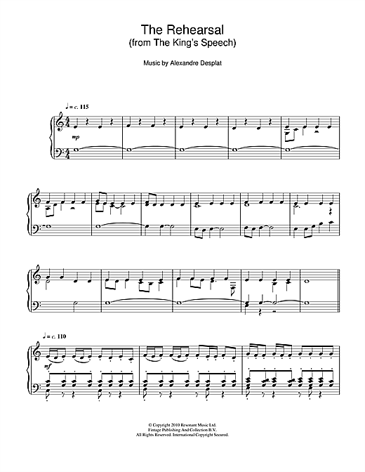 Preview Alexandre Desplat The Rehearsal (from The King's Speech) Film and TV sheet music, notes and chords for Piano, SKU: 106874 sheet music, piano notes, chords, guitar tabs, score, transpose, transcribe, how to play, guide, download, learn, tutorial, progression, song, artist, awards, billboard, mtv, vh1, tour, single, album, release