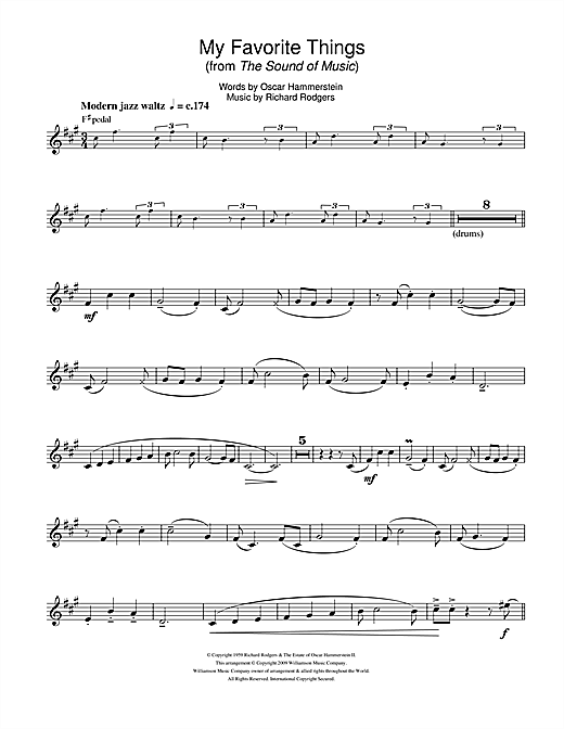 Preview Rodgers & Hammerstein My Favorite Things (from The Sound Of Music) Musicals sheet music, notes and chords for Trumpet, SKU: 107339 sheet music, piano notes, chords, guitar tabs, score, transpose, transcribe, how to play, guide, download, learn, tutorial, progression, song, artist, awards, billboard, mtv, vh1, tour, single, album, release