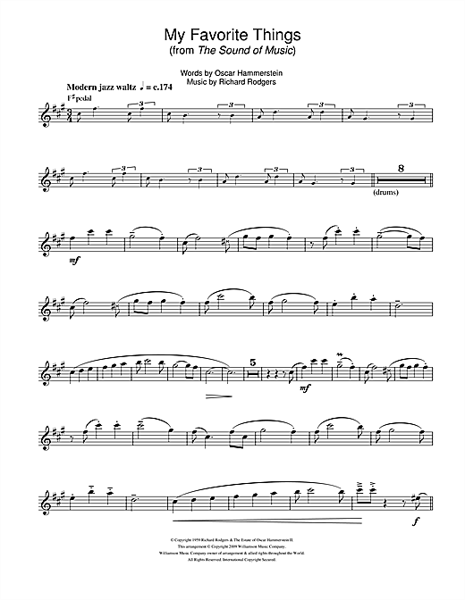 Preview Rodgers & Hammerstein My Favorite Things (from The Sound Of Music) Musicals sheet music, notes and chords for Tenor Saxophone, SKU: 107344 sheet music, piano notes, chords, guitar tabs, score, transpose, transcribe, how to play, guide, download, learn, tutorial, progression, song, artist, awards, billboard, mtv, vh1, tour, single, album, release