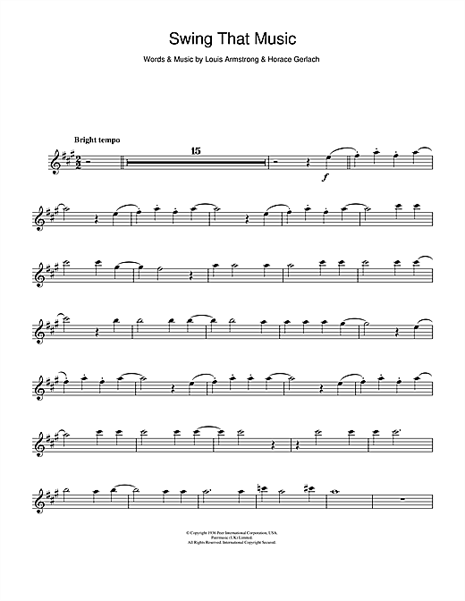 Preview Louis Armstrong Swing That Music Jazz sheet music, notes and chords for Alto Saxophone, SKU: 107353 sheet music, piano notes, chords, guitar tabs, score, transpose, transcribe, how to play, guide, download, learn, tutorial, progression, song, artist, awards, billboard, mtv, vh1, tour, single, album, release