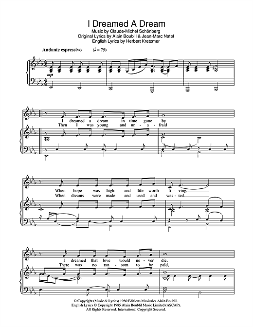 Preview Boublil and Schonberg I Dreamed A Dream Musicals sheet music, notes and chords for Piano & Vocal, SKU: 108192 sheet music, piano notes, chords, guitar tabs, score, transpose, transcribe, how to play, guide, download, learn, tutorial, progression, song, artist, awards, billboard, mtv, vh1, tour, single, album, release