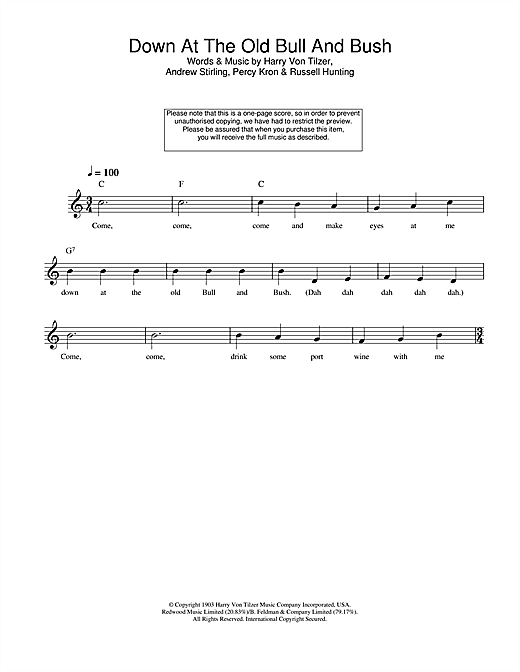 Preview Harry Von Tilzer Down At The Old Bull And Bush Traditional sheet music, notes and chords for Melody Line, Lyrics & Chords, SKU: 108245 sheet music, piano notes, chords, guitar tabs, score, transpose, transcribe, how to play, guide, download, learn, tutorial, progression, song, artist, awards, billboard, mtv, vh1, tour, single, album, release