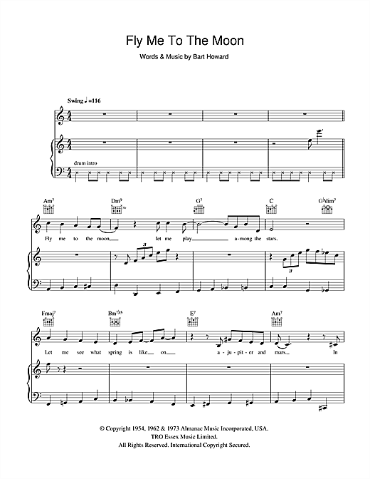 Preview Frank Sinatra Fly Me To The Moon (In Other Words) Jazz sheet music, notes and chords for Piano, Vocal & Guitar, SKU: 108343 sheet music, piano notes, chords, guitar tabs, score, transpose, transcribe, how to play, guide, download, learn, tutorial, progression, song, artist, awards, billboard, mtv, vh1, tour, single, album, release