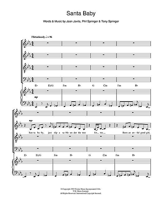 Preview Eartha Kitt Santa Baby (arr. Jonathan Wikeley) Christmas sheet music, notes and chords for SATB, SKU: 108646 sheet music, piano notes, chords, guitar tabs, score, transpose, transcribe, how to play, guide, download, learn, tutorial, progression, song, artist, awards, billboard, mtv, vh1, tour, single, album, release