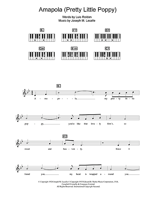 Preview Joseph M. Lacalle Amapola (Pretty Little Poppy) Latin sheet music, notes and chords for Keyboard, SKU: 108981 sheet music, piano notes, chords, guitar tabs, score, transpose, transcribe, how to play, guide, download, learn, tutorial, progression, song, artist, awards, billboard, mtv, vh1, tour, single, album, release
