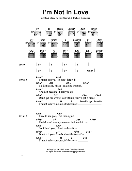 Preview 10cc I'm Not In Love Rock sheet music, notes and chords for Piano, Vocal & Guitar (Right-Hand Melody), SKU: 104065 sheet music, piano notes, chords, guitar tabs, score, transpose, transcribe, how to play, guide, download, learn, tutorial, progression, song, artist, awards, billboard, mtv, vh1, tour, single, album, release