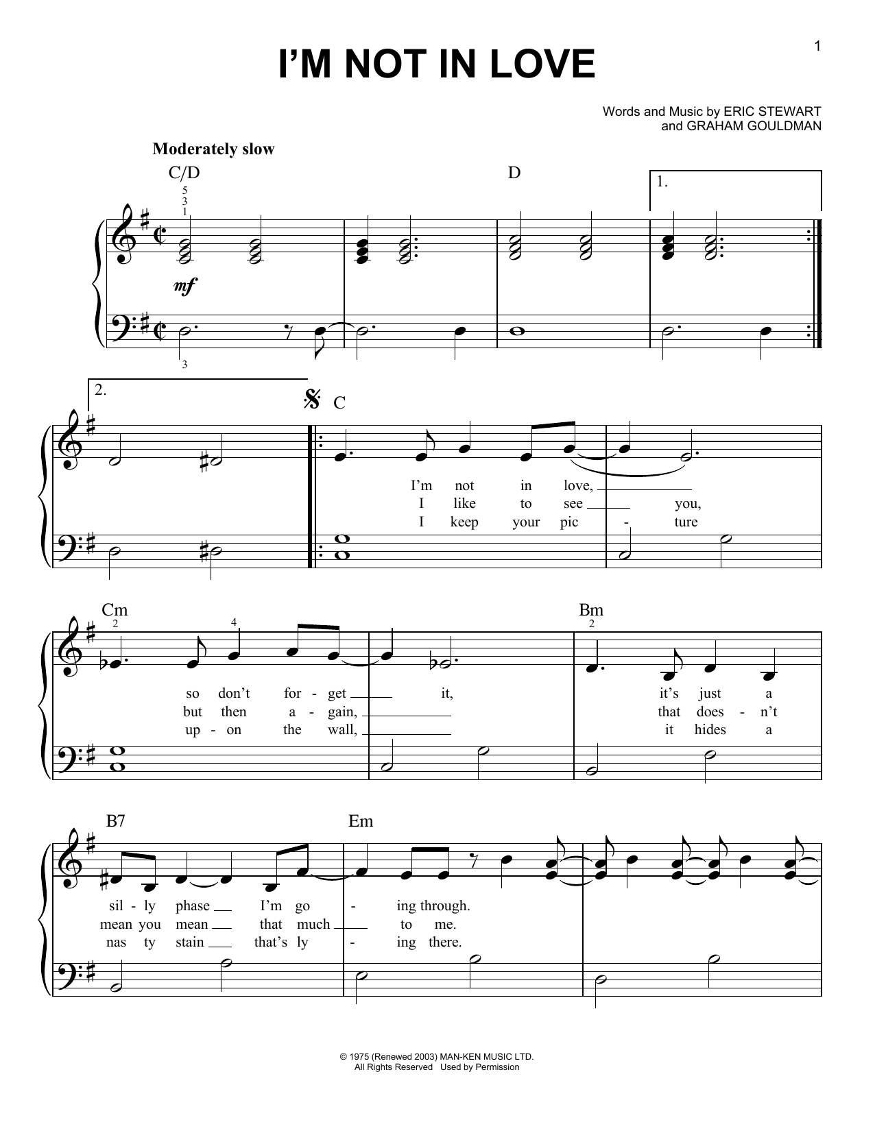 Preview 10Cc I'm Not In Love Pop sheet music, notes and chords for Super Easy Piano, SKU: 419216 sheet music, piano notes, chords, guitar tabs, score, transpose, transcribe, how to play, guide, download, learn, tutorial, progression, song, artist, awards, billboard, mtv, vh1, tour, single, album, release
