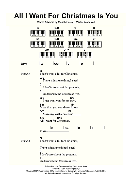 Preview Mariah Carey All I Want For Christmas Is You Christmas sheet music, notes and chords for Lyrics & Piano Chords, SKU: 110472 sheet music, piano notes, chords, guitar tabs, score, transpose, transcribe, how to play, guide, download, learn, tutorial, progression, song, artist, awards, billboard, mtv, vh1, tour, single, album, release