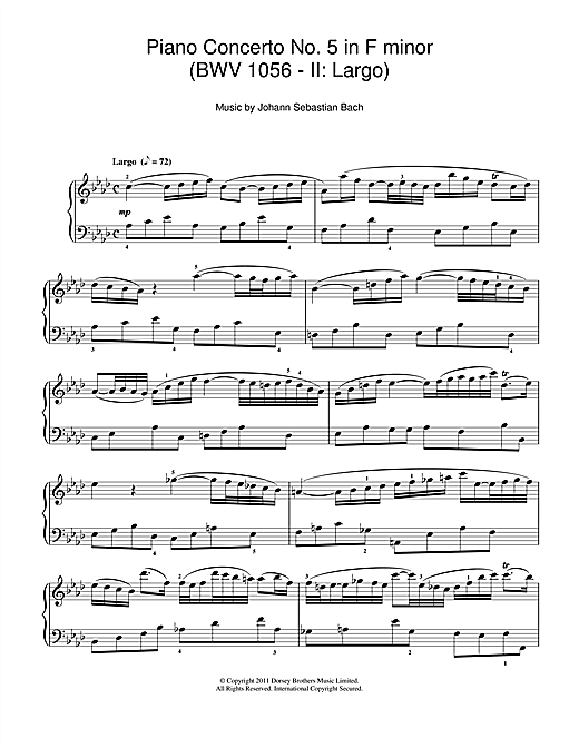 Preview Johann Sebastian Bach Piano Concerto No. 5 in F minor (BWV 1056 - II: Largo) Classical sheet music, notes and chords for Piano, SKU: 110741 sheet music, piano notes, chords, guitar tabs, score, transpose, transcribe, how to play, guide, download, learn, tutorial, progression, song, artist, awards, billboard, mtv, vh1, tour, single, album, release