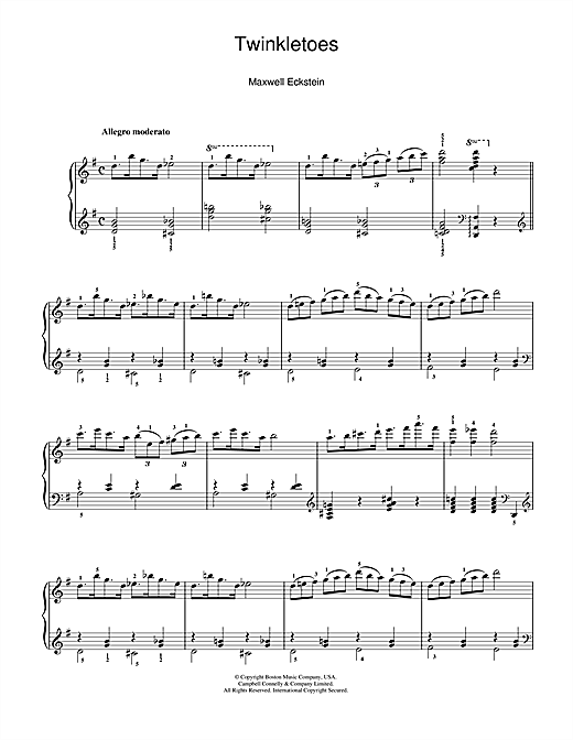 Preview Maxwell Eckstein Twinkletoes Classical sheet music, notes and chords for Piano, SKU: 110942 sheet music, piano notes, chords, guitar tabs, score, transpose, transcribe, how to play, guide, download, learn, tutorial, progression, song, artist, awards, billboard, mtv, vh1, tour, single, album, release