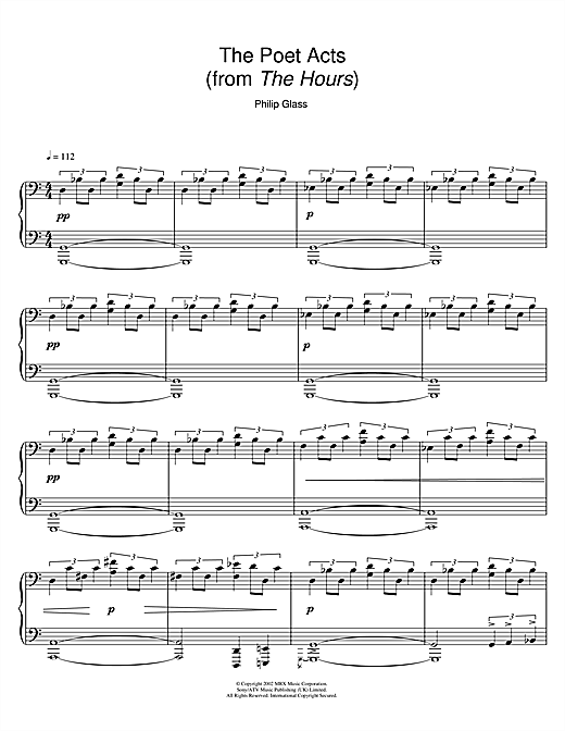 Preview Philip Glass The Poet Acts (from The Hours) Film and TV sheet music, notes and chords for Piano, SKU: 111296 sheet music, piano notes, chords, guitar tabs, score, transpose, transcribe, how to play, guide, download, learn, tutorial, progression, song, artist, awards, billboard, mtv, vh1, tour, single, album, release