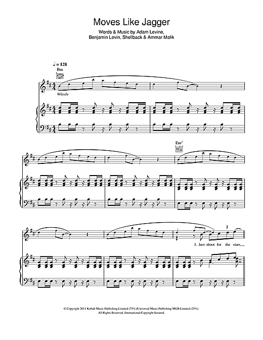 Preview Maroon 5 Moves Like Jagger (feat. Christina Aguilera) Rock sheet music, notes and chords for Piano, Vocal & Guitar (Right-Hand Melody), SKU: 111936 sheet music, piano notes, chords, guitar tabs, score, transpose, transcribe, how to play, guide, download, learn, tutorial, progression, song, artist, awards, billboard, mtv, vh1, tour, single, album, release