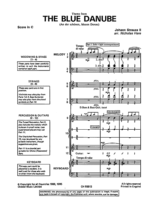 Preview Johann Strauss II (On The Beautiful) The Blue Danube Classical sheet music, notes and chords for Classroom Band Pack, SKU: 111944 sheet music, piano notes, chords, guitar tabs, score, transpose, transcribe, how to play, guide, download, learn, tutorial, progression, song, artist, awards, billboard, mtv, vh1, tour, single, album, release