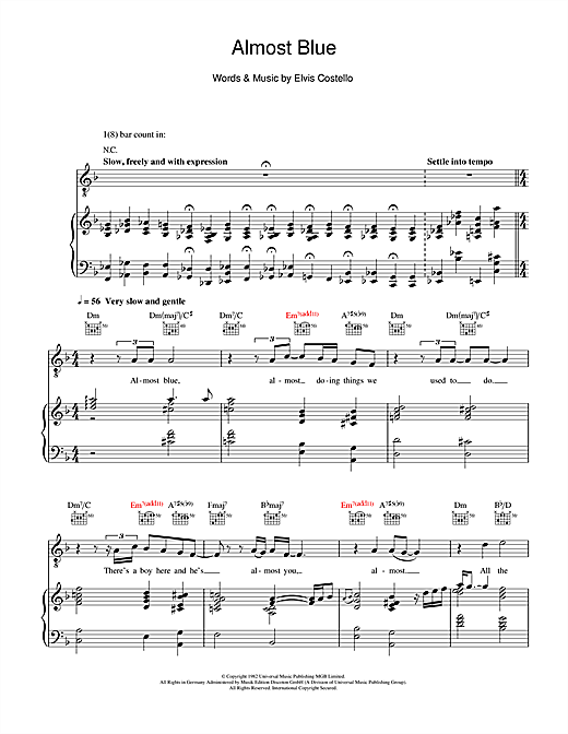 Preview Diana Krall Almost Blue Jazz sheet music, notes and chords for Piano, Vocal & Guitar, SKU: 112006 sheet music, piano notes, chords, guitar tabs, score, transpose, transcribe, how to play, guide, download, learn, tutorial, progression, song, artist, awards, billboard, mtv, vh1, tour, single, album, release