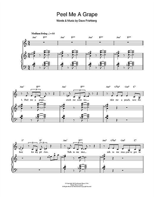 Preview Diana Krall Peel Me A Grape Jazz sheet music, notes and chords for Piano, Vocal & Guitar, SKU: 112035 sheet music, piano notes, chords, guitar tabs, score, transpose, transcribe, how to play, guide, download, learn, tutorial, progression, song, artist, awards, billboard, mtv, vh1, tour, single, album, release