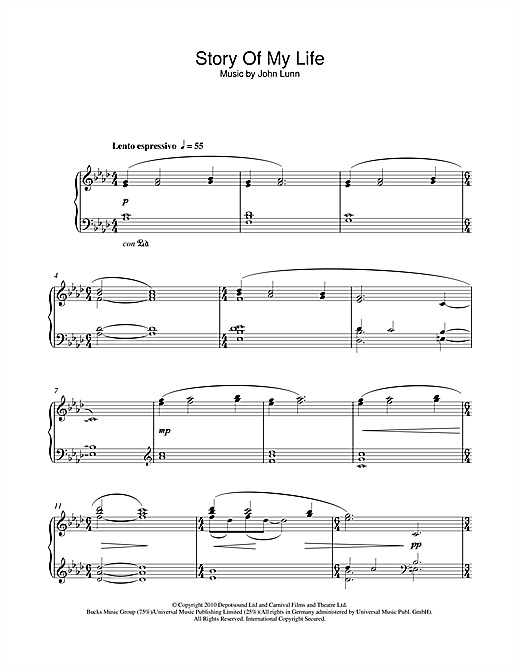 Preview John Lunn Story Of My Life Film and TV sheet music, notes and chords for Piano, SKU: 112057 sheet music, piano notes, chords, guitar tabs, score, transpose, transcribe, how to play, guide, download, learn, tutorial, progression, song, artist, awards, billboard, mtv, vh1, tour, single, album, release