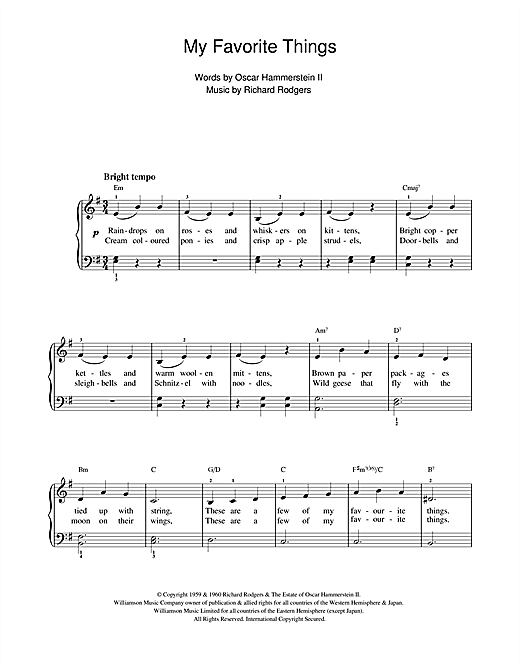 Preview Julie Andrews My Favorite Things (from The Sound Of Music) Film and TV sheet music, notes and chords for Beginner Piano, SKU: 112292 sheet music, piano notes, chords, guitar tabs, score, transpose, transcribe, how to play, guide, download, learn, tutorial, progression, song, artist, awards, billboard, mtv, vh1, tour, single, album, release