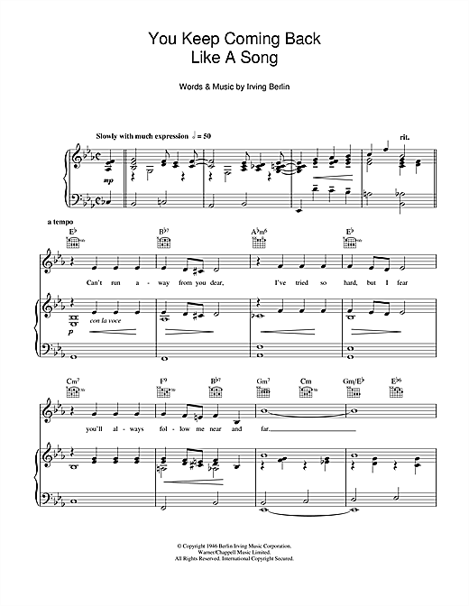 Preview Bing Crosby You Keep Coming Back Like A Song Easy Listening sheet music, notes and chords for Piano, Vocal & Guitar (Right-Hand Melody), SKU: 113419 sheet music, piano notes, chords, guitar tabs, score, transpose, transcribe, how to play, guide, download, learn, tutorial, progression, song, artist, awards, billboard, mtv, vh1, tour, single, album, release