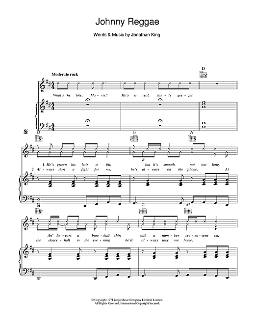 Preview The Piglets Johnny Reggae Pop sheet music, notes and chords for Piano, Vocal & Guitar (Right-Hand Melody), SKU: 113962 sheet music, piano notes, chords, guitar tabs, score, transpose, transcribe, how to play, guide, download, learn, tutorial, progression, song, artist, awards, billboard, mtv, vh1, tour, single, album, release