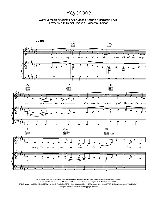 Preview Maroon 5 Payphone (feat. Wiz Khalifa) Rock sheet music, notes and chords for Piano, Vocal & Guitar (Right-Hand Melody), SKU: 114102 sheet music, piano notes, chords, guitar tabs, score, transpose, transcribe, how to play, guide, download, learn, tutorial, progression, song, artist, awards, billboard, mtv, vh1, tour, single, album, release