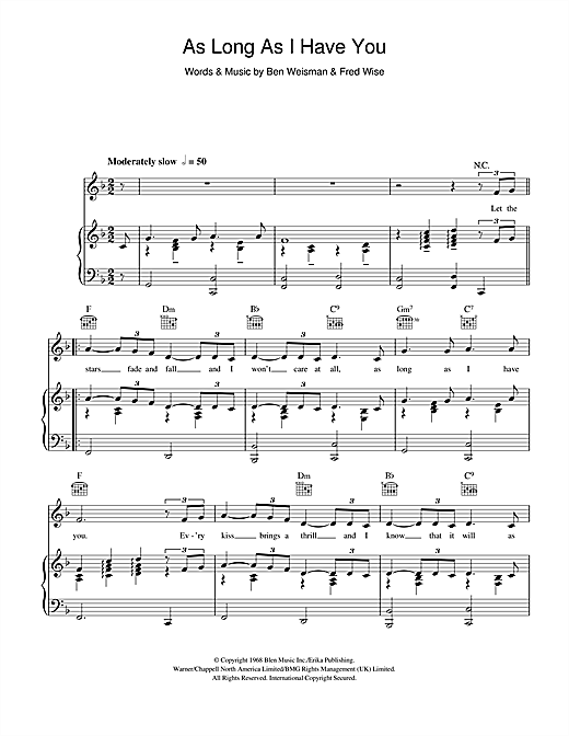 Preview Elvis Presley As Long As I Have You Easy Listening sheet music, notes and chords for Piano, Vocal & Guitar (Right-Hand Melody), SKU: 114402 sheet music, piano notes, chords, guitar tabs, score, transpose, transcribe, how to play, guide, download, learn, tutorial, progression, song, artist, awards, billboard, mtv, vh1, tour, single, album, release