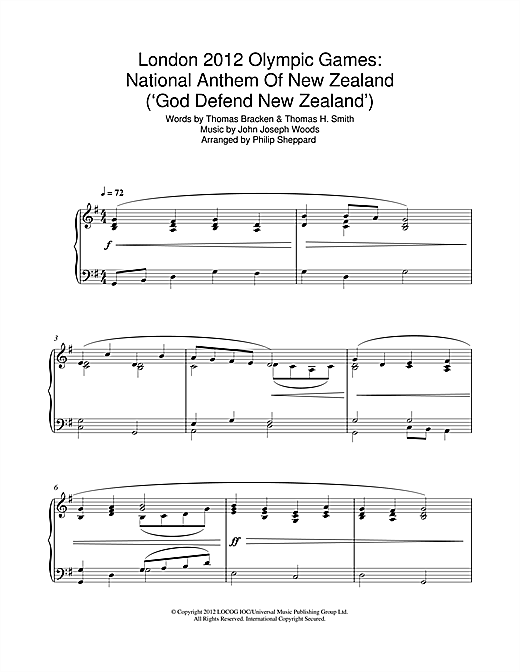 Preview Philip Sheppard London 2012 Olympic Games: National Anthem Of New Zealand ('God Defend New Zealand') Classical sheet music, notes and chords for Piano, SKU: 114484 sheet music, piano notes, chords, guitar tabs, score, transpose, transcribe, how to play, guide, download, learn, tutorial, progression, song, artist, awards, billboard, mtv, vh1, tour, single, album, release