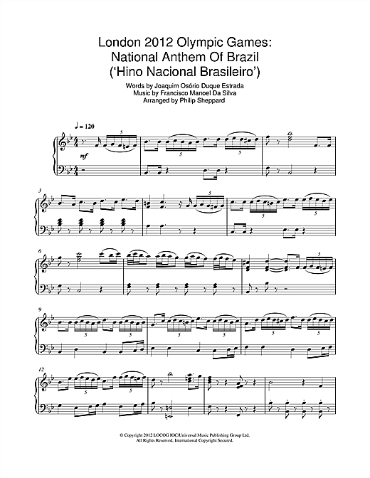 Preview Philip Sheppard London 2012 Olympic Games: National Anthem Of Brazil ('Hino Nacional Brasileiro') Classical sheet music, notes and chords for Piano, SKU: 114499 sheet music, piano notes, chords, guitar tabs, score, transpose, transcribe, how to play, guide, download, learn, tutorial, progression, song, artist, awards, billboard, mtv, vh1, tour, single, album, release