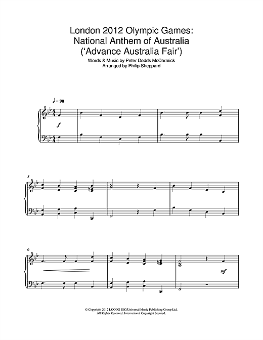 Preview Philip Sheppard London 2012 Olympic Games: National Anthem Of Australia ('Advance Australia Fair') Classical sheet music, notes and chords for Piano, SKU: 114500 sheet music, piano notes, chords, guitar tabs, score, transpose, transcribe, how to play, guide, download, learn, tutorial, progression, song, artist, awards, billboard, mtv, vh1, tour, single, album, release