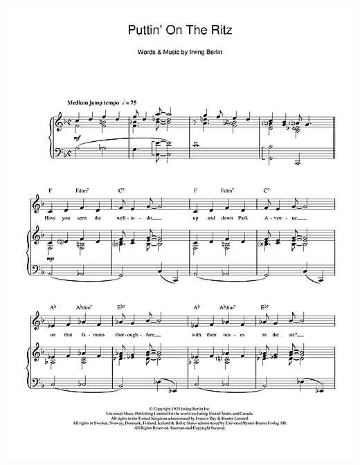 Preview Top Hat Cast Puttin' On The Ritz Musicals sheet music, notes and chords for Piano, Vocal & Guitar (Right-Hand Melody), SKU: 114609 sheet music, piano notes, chords, guitar tabs, score, transpose, transcribe, how to play, guide, download, learn, tutorial, progression, song, artist, awards, billboard, mtv, vh1, tour, single, album, release