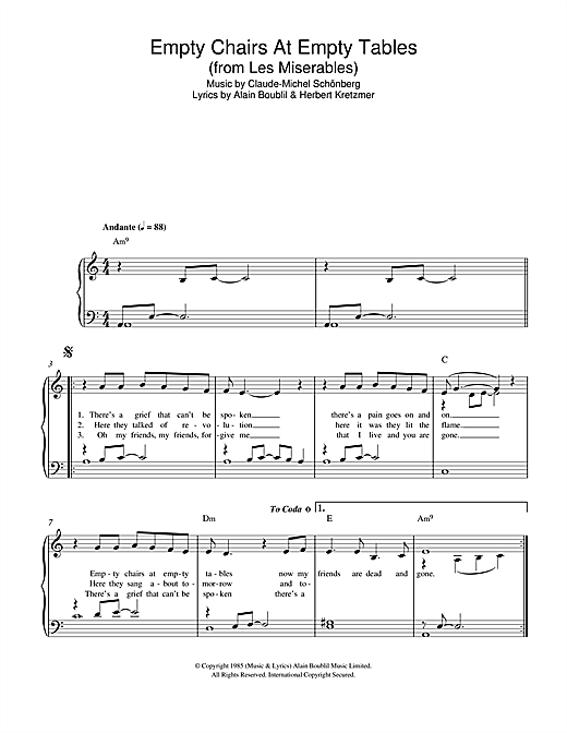 Preview Claude-Michel Schonberg Empty Chairs At Empty Tables (from Les Miserables) Musicals sheet music, notes and chords for Easy Piano, SKU: 114684 sheet music, piano notes, chords, guitar tabs, score, transpose, transcribe, how to play, guide, download, learn, tutorial, progression, song, artist, awards, billboard, mtv, vh1, tour, single, album, release