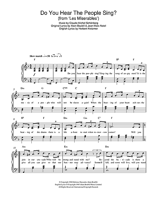 Preview Claude-Michel Schonberg Do You Hear The People Sing? (from Les Miserables) Musicals sheet music, notes and chords for Easy Piano, SKU: 114686 sheet music, piano notes, chords, guitar tabs, score, transpose, transcribe, how to play, guide, download, learn, tutorial, progression, song, artist, awards, billboard, mtv, vh1, tour, single, album, release