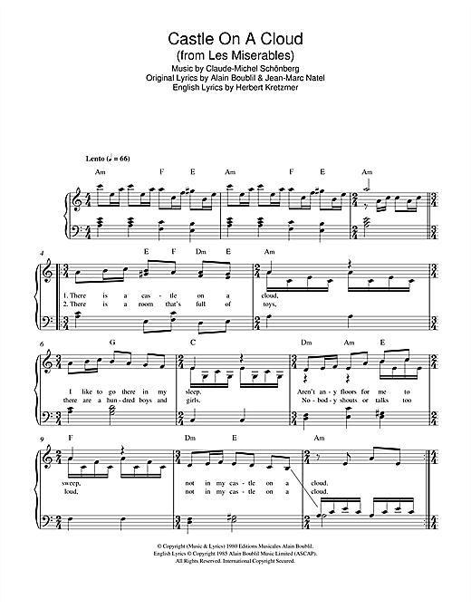Preview Claude-Michel Schonberg Castle On A Cloud (from Les Miserables) Musicals sheet music, notes and chords for Easy Piano, SKU: 114687 sheet music, piano notes, chords, guitar tabs, score, transpose, transcribe, how to play, guide, download, learn, tutorial, progression, song, artist, awards, billboard, mtv, vh1, tour, single, album, release