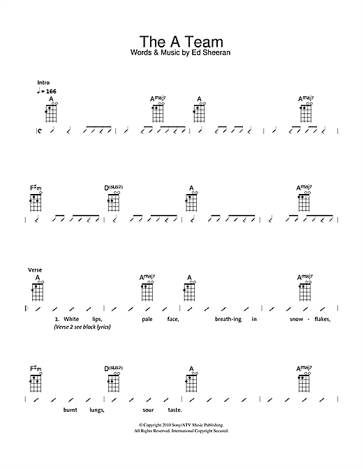 Preview The Ukuleles The A Team Pop sheet music, notes and chords for Ukulele with strumming patterns, SKU: 114786 sheet music, piano notes, chords, guitar tabs, score, transpose, transcribe, how to play, guide, download, learn, tutorial, progression, song, artist, awards, billboard, mtv, vh1, tour, single, album, release