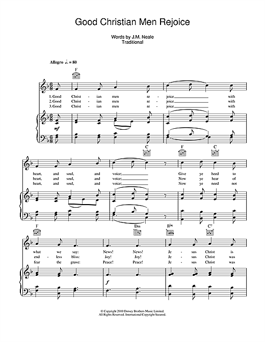 Preview Christmas Carol Good Christian Men Rejoice Christmas sheet music, notes and chords for Piano, Vocal & Guitar (Right-Hand Melody), SKU: 114798 sheet music, piano notes, chords, guitar tabs, score, transpose, transcribe, how to play, guide, download, learn, tutorial, progression, song, artist, awards, billboard, mtv, vh1, tour, single, album, release